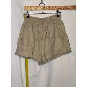 Forever 21 Womens XS Khaki Linen Blend Smocked High Waist Cuffed Shorts Beige